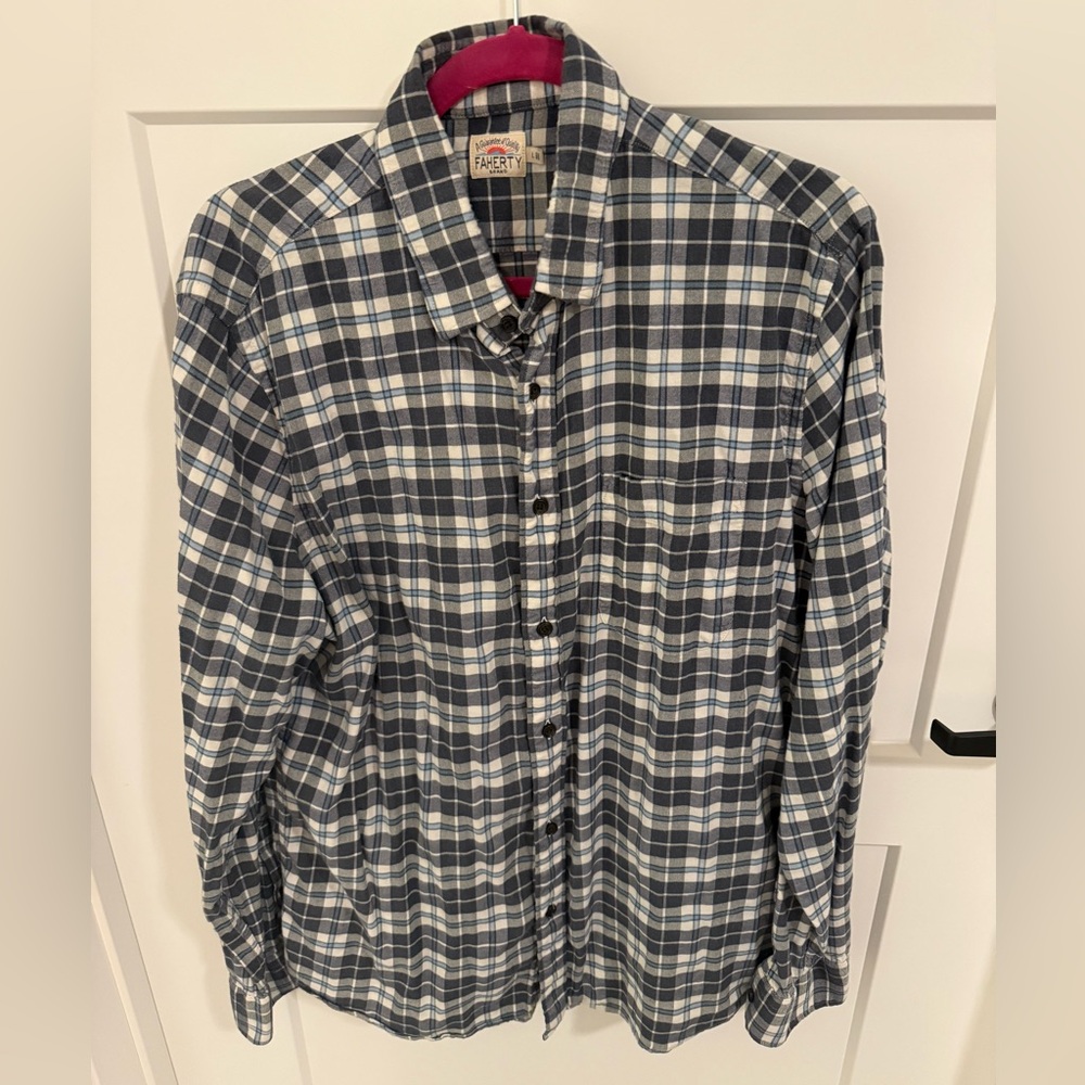 Faherty Blue Plaid Flannel Shirt Size Large Soft Stretch Button Down